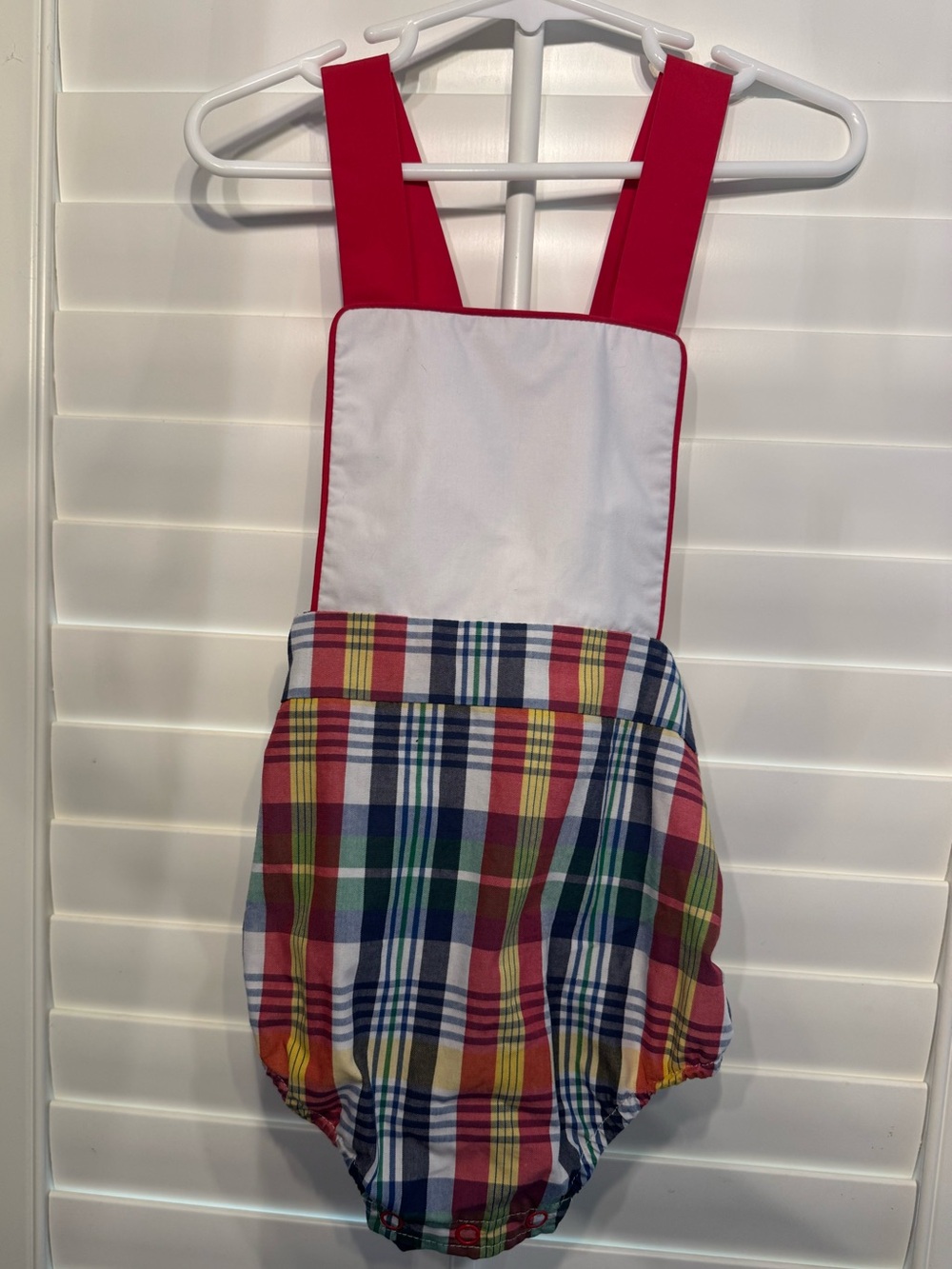 The Beaufort Bonnet Company Plaid Bubble Romper with Red Straps